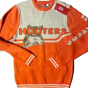 NWT shinesty official hooters sweater retro design Mens small orange and oatmeal